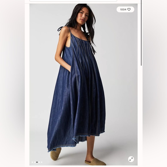 Free People Denim Dreams Denim Chambray Tie Shoulder Seamed Midi Dress XL - Picture 3 of 9